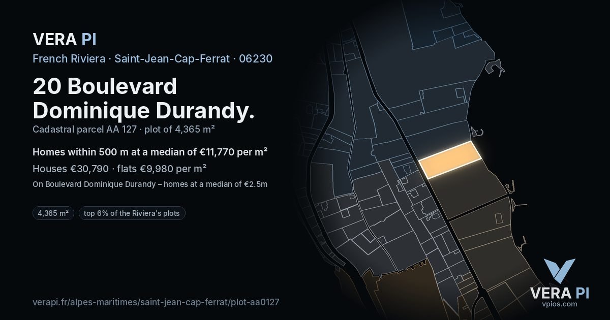 20 Boulevard Dominique Durandy, Saint-Jean-Cap-Ferrat at night – the plot lit, the parcels around coloured by the prices near them