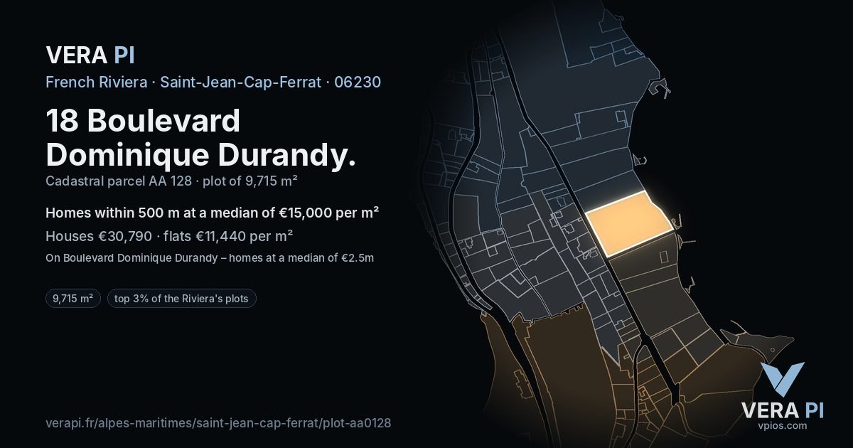 18 Boulevard Dominique Durandy, Saint-Jean-Cap-Ferrat at night – the plot lit, the parcels around coloured by the prices near them