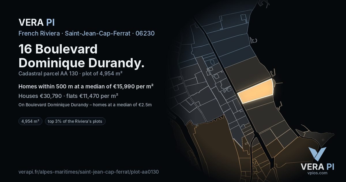16 Boulevard Dominique Durandy, Saint-Jean-Cap-Ferrat at night – the plot lit, the parcels around coloured by the prices near them