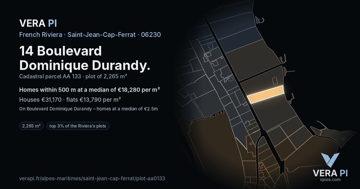 14 Boulevard Dominique Durandy, Saint-Jean-Cap-Ferrat at night – the plot lit, the parcels around coloured by the prices near them