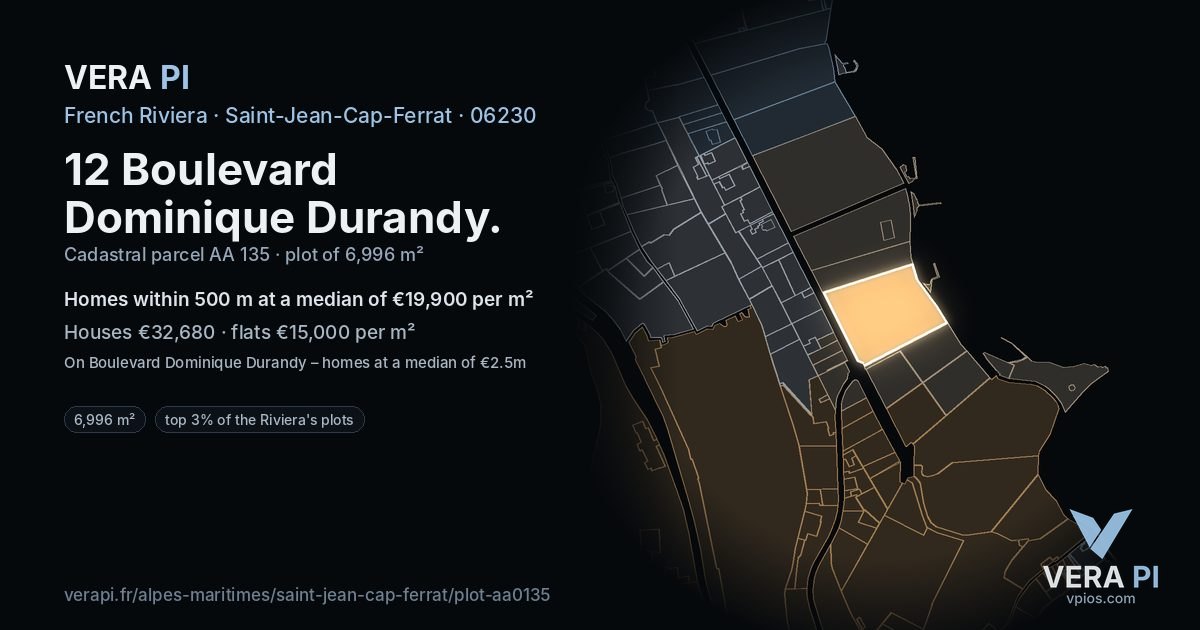 12 Boulevard Dominique Durandy, Saint-Jean-Cap-Ferrat at night – the plot lit, the parcels around coloured by the prices near them