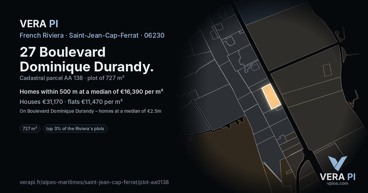 27 Boulevard Dominique Durandy, Saint-Jean-Cap-Ferrat at night – the plot lit, the parcels around coloured by the prices near them