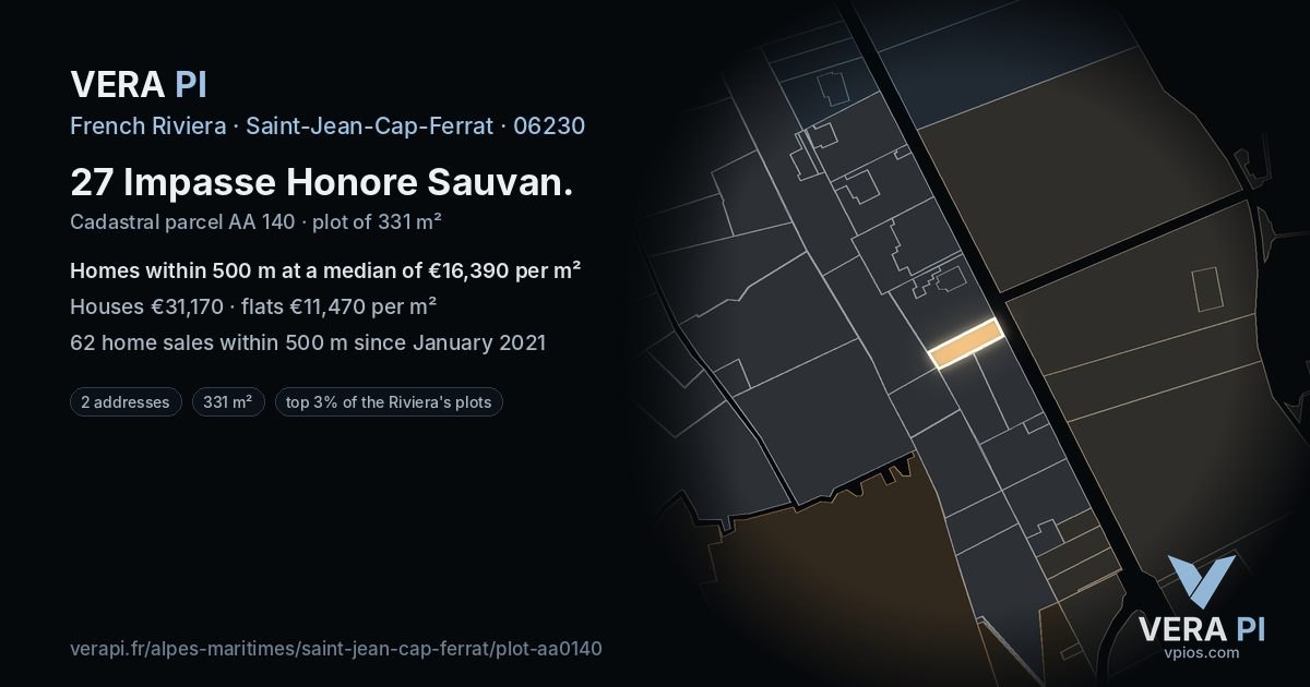 27 Impasse Honore Sauvan, Saint-Jean-Cap-Ferrat at night – the plot lit, the parcels around coloured by the prices near them