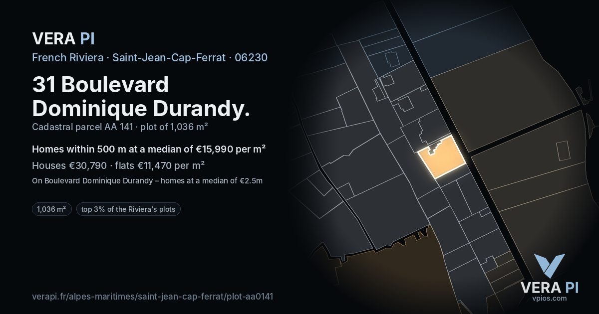 31 Boulevard Dominique Durandy, Saint-Jean-Cap-Ferrat at night – the plot lit, the parcels around coloured by the prices near them