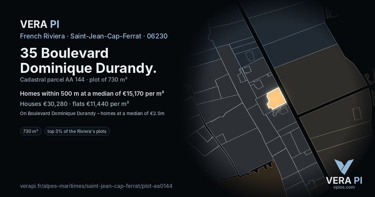 35 Boulevard Dominique Durandy, Saint-Jean-Cap-Ferrat at night – the plot lit, the parcels around coloured by the prices near them