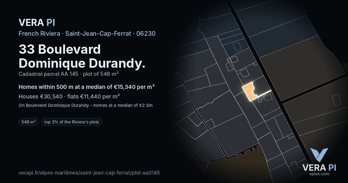 33 Boulevard Dominique Durandy, Saint-Jean-Cap-Ferrat at night – the plot lit, the parcels around coloured by the prices near them