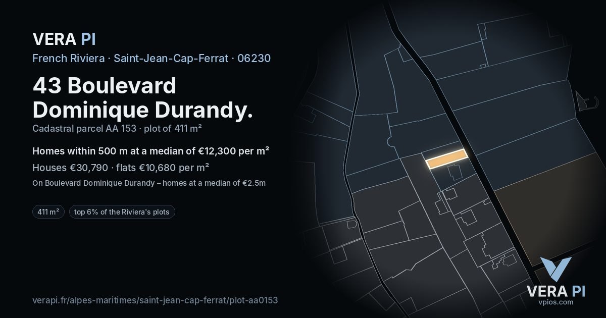 43 Boulevard Dominique Durandy, Saint-Jean-Cap-Ferrat at night – the plot lit, the parcels around coloured by the prices near them