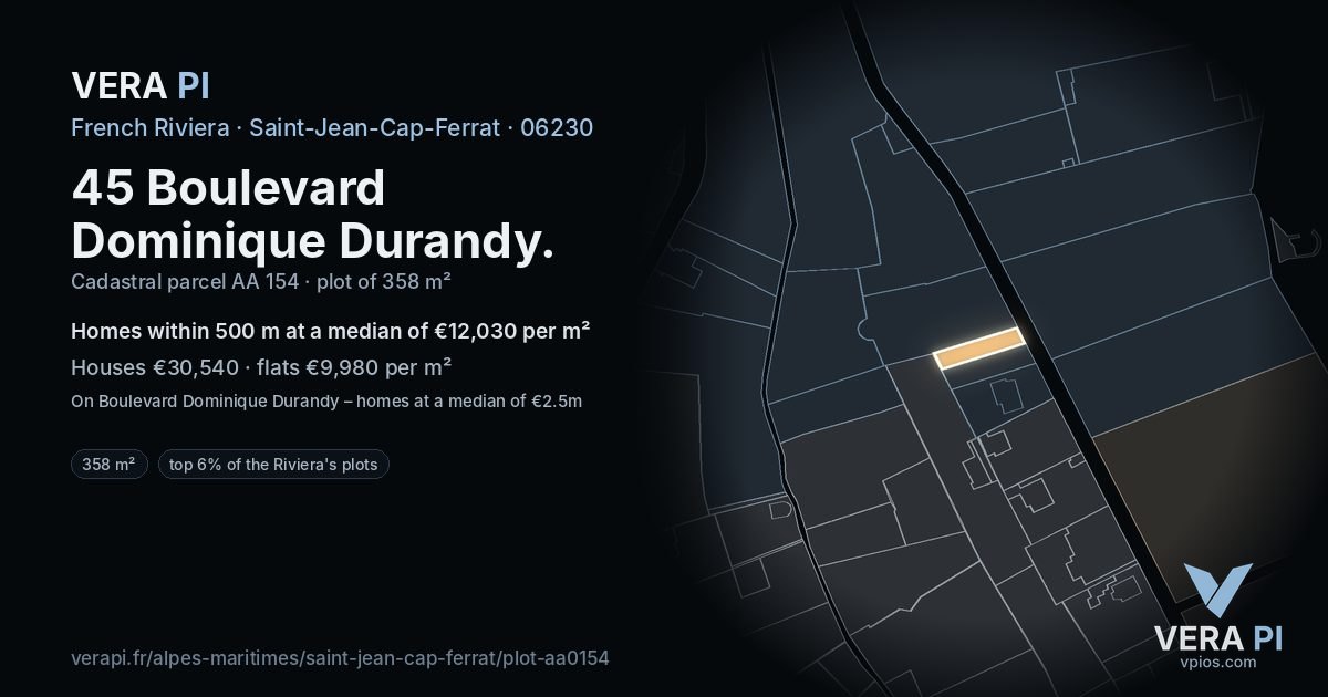 45 Boulevard Dominique Durandy, Saint-Jean-Cap-Ferrat at night – the plot lit, the parcels around coloured by the prices near them