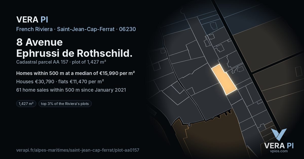 8 Avenue Ephrussi de Rothschild, Saint-Jean-Cap-Ferrat at night – the plot lit, the parcels around coloured by the prices near them