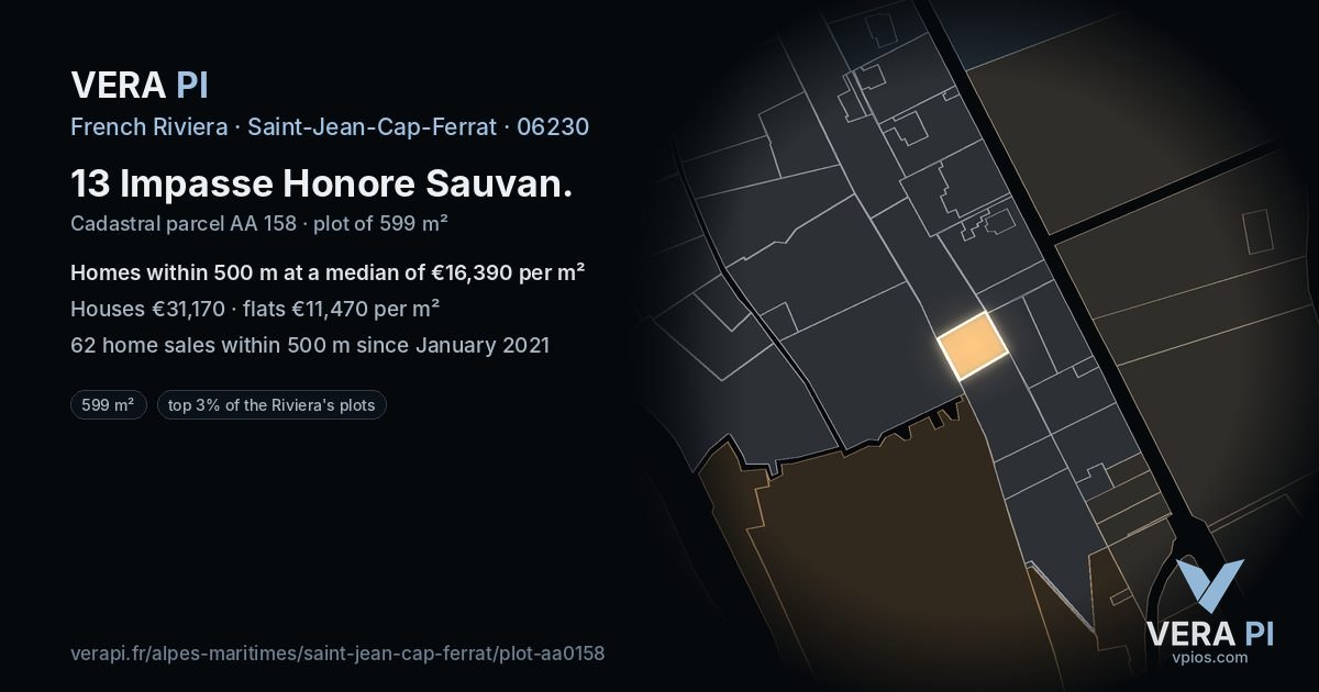 13 Impasse Honore Sauvan, Saint-Jean-Cap-Ferrat at night – the plot lit, the parcels around coloured by the prices near them