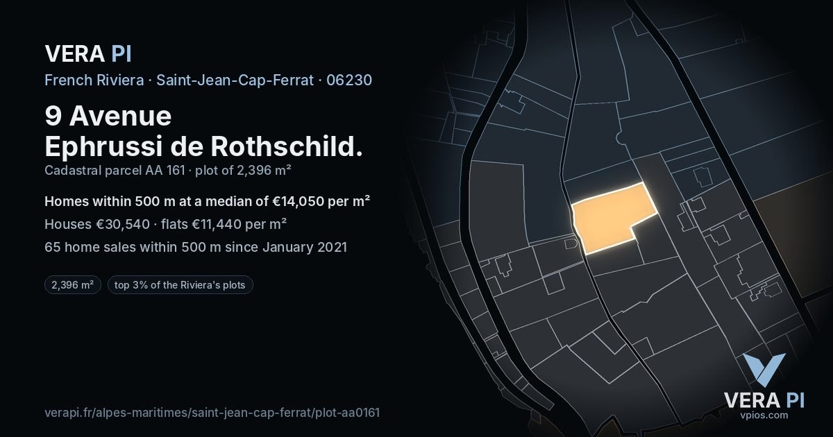 9 Avenue Ephrussi de Rothschild, Saint-Jean-Cap-Ferrat at night – the plot lit, the parcels around coloured by the prices near them