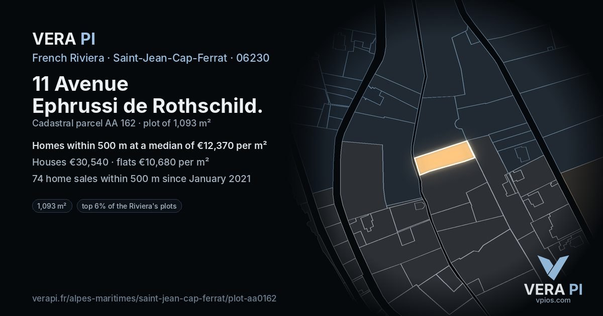 11 Avenue Ephrussi de Rothschild, Saint-Jean-Cap-Ferrat at night – the plot lit, the parcels around coloured by the prices near them