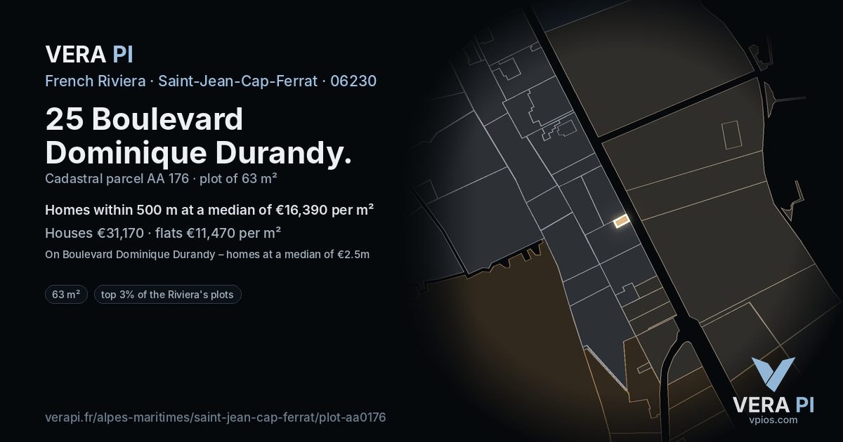 25 Boulevard Dominique Durandy, Saint-Jean-Cap-Ferrat at night – the plot lit, the parcels around coloured by the prices near them