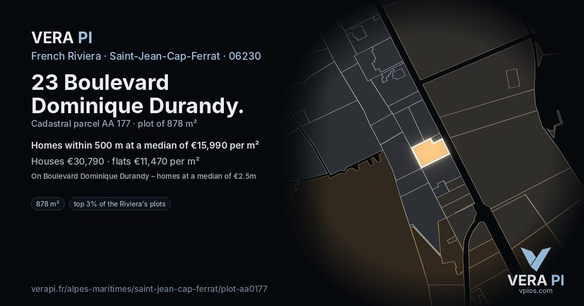 23 Boulevard Dominique Durandy, Saint-Jean-Cap-Ferrat at night – the plot lit, the parcels around coloured by the prices near them