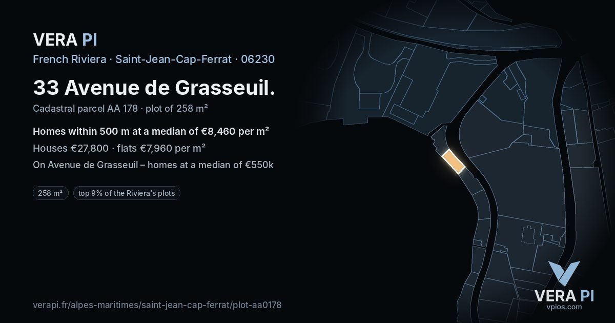 33 Avenue de Grasseuil, Saint-Jean-Cap-Ferrat at night – the plot lit, the parcels around coloured by the prices near them