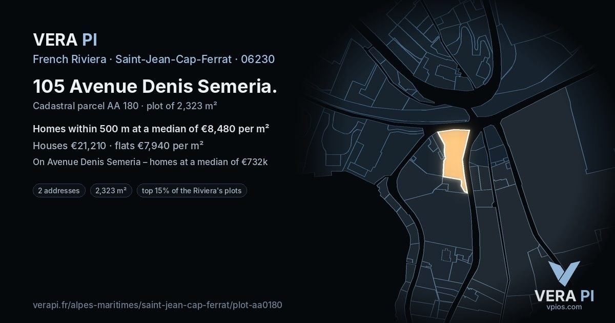 105 Avenue Denis Semeria, Saint-Jean-Cap-Ferrat at night – the plot lit, the parcels around coloured by the prices near them