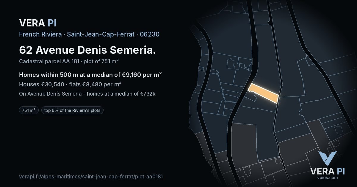 62 Avenue Denis Semeria, Saint-Jean-Cap-Ferrat at night – the plot lit, the parcels around coloured by the prices near them