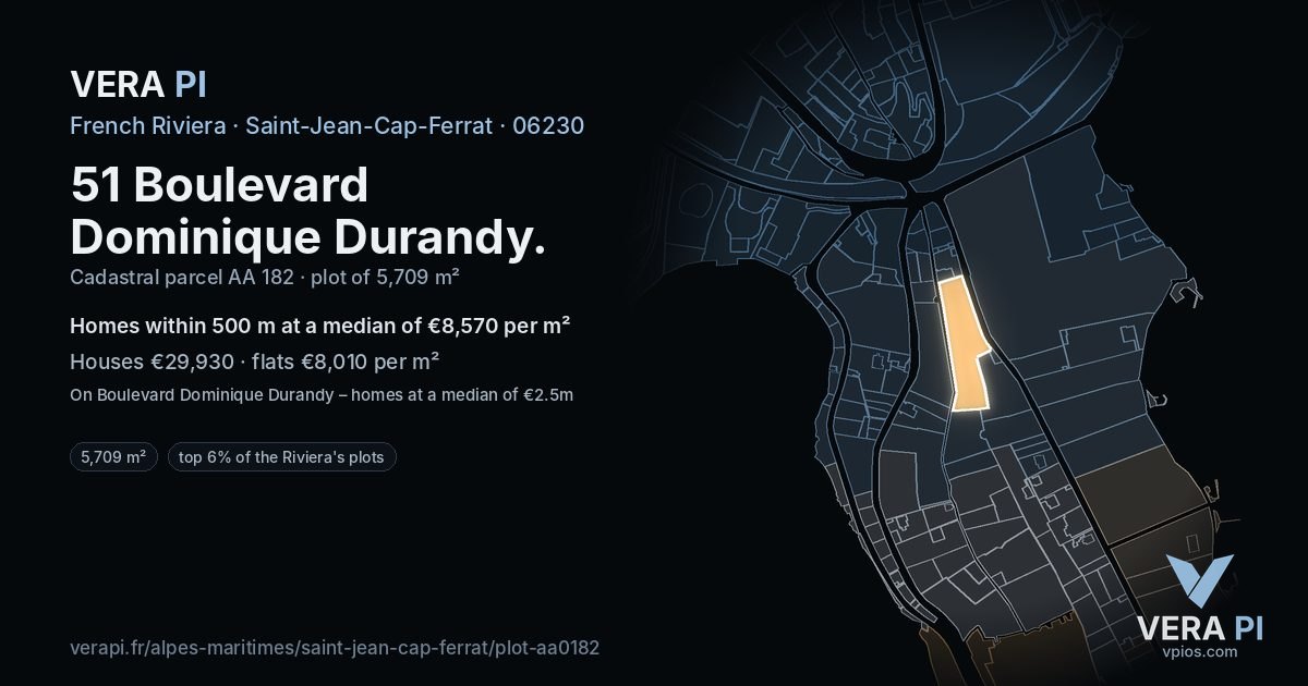 51 Boulevard Dominique Durandy, Saint-Jean-Cap-Ferrat at night – the plot lit, the parcels around coloured by the prices near them