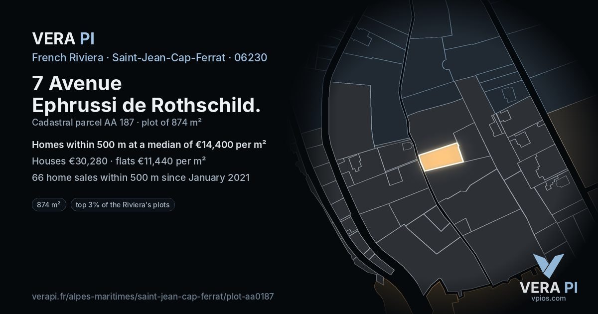 7 Avenue Ephrussi de Rothschild, Saint-Jean-Cap-Ferrat at night – the plot lit, the parcels around coloured by the prices near them