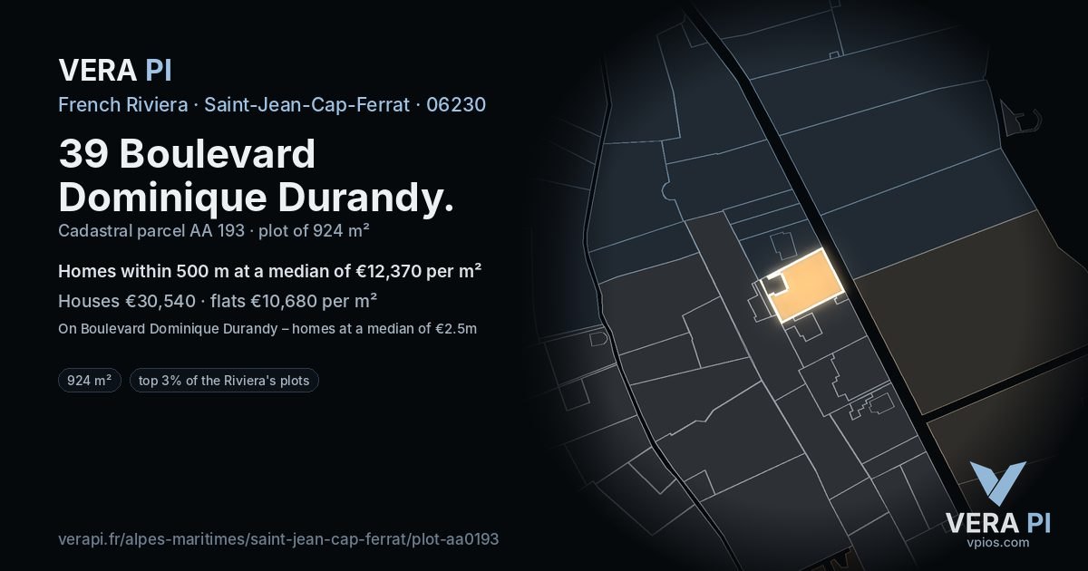 39 Boulevard Dominique Durandy, Saint-Jean-Cap-Ferrat at night – the plot lit, the parcels around coloured by the prices near them