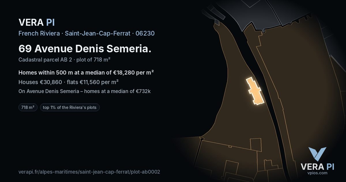 69 Avenue Denis Semeria, Saint-Jean-Cap-Ferrat at night – the plot lit, the parcels around coloured by the prices near them