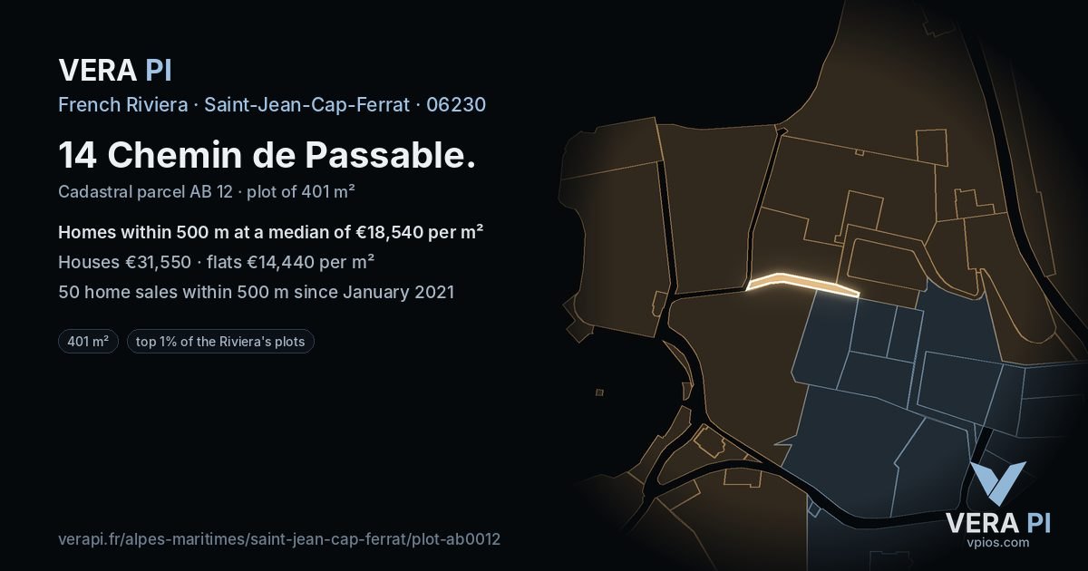 14 Chemin de Passable, Saint-Jean-Cap-Ferrat at night – the plot lit, the parcels around coloured by the prices near them