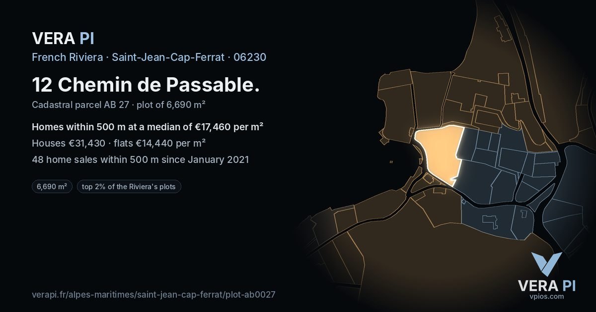 12 Chemin de Passable, Saint-Jean-Cap-Ferrat at night – the plot lit, the parcels around coloured by the prices near them