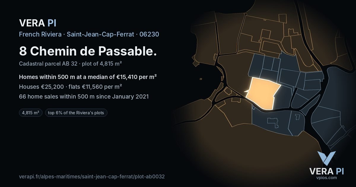 8 Chemin de Passable, Saint-Jean-Cap-Ferrat at night – the plot lit, the parcels around coloured by the prices near them