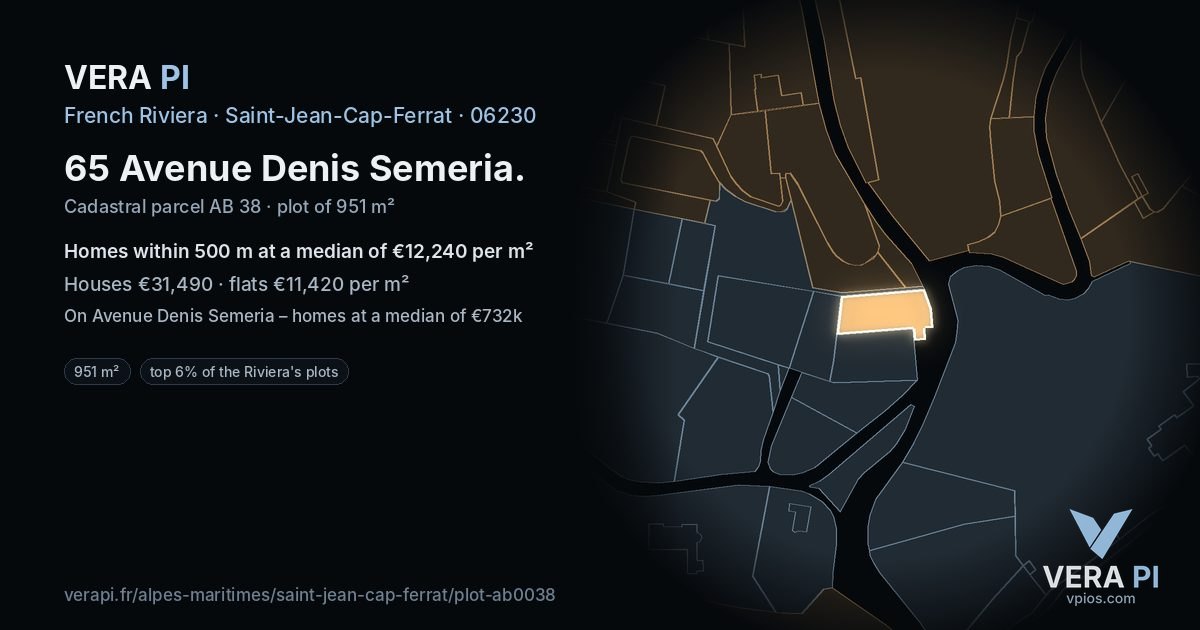 65 Avenue Denis Semeria, Saint-Jean-Cap-Ferrat at night – the plot lit, the parcels around coloured by the prices near them