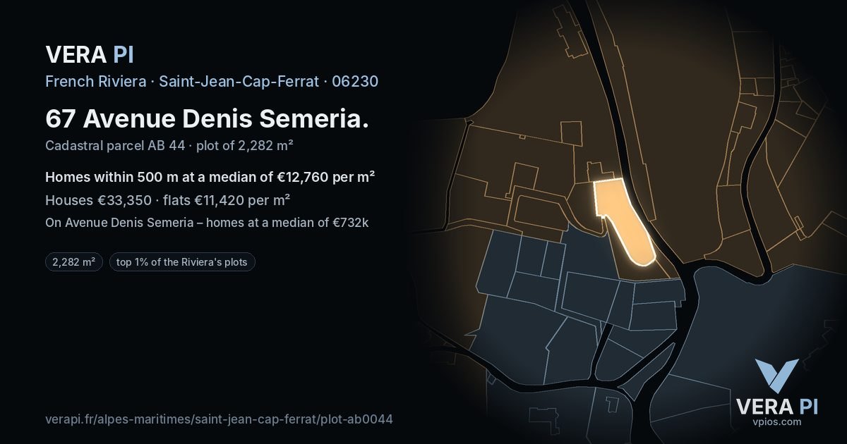 67 Avenue Denis Semeria, Saint-Jean-Cap-Ferrat at night – the plot lit, the parcels around coloured by the prices near them
