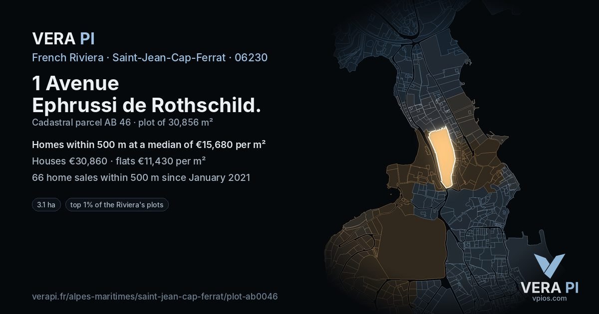 1 Avenue Ephrussi de Rothschild, Saint-Jean-Cap-Ferrat at night – the plot lit, the parcels around coloured by the prices near them