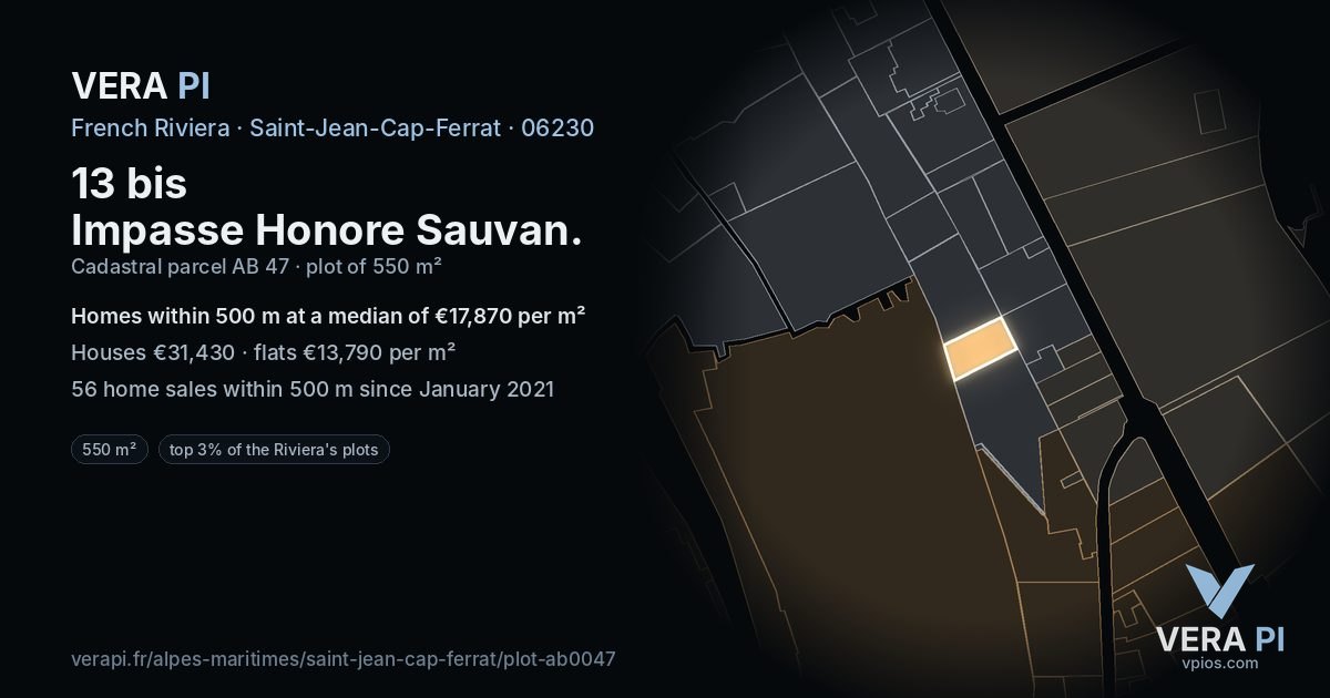 13 bis Impasse Honore Sauvan, Saint-Jean-Cap-Ferrat at night – the plot lit, the parcels around coloured by the prices near them