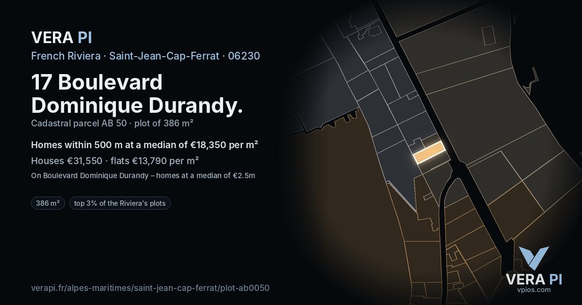 17 Boulevard Dominique Durandy, Saint-Jean-Cap-Ferrat at night – the plot lit, the parcels around coloured by the prices near them