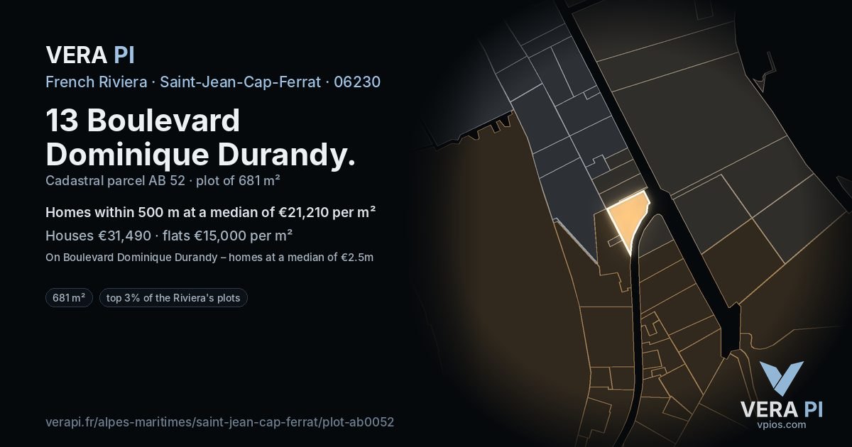 13 Boulevard Dominique Durandy, Saint-Jean-Cap-Ferrat at night – the plot lit, the parcels around coloured by the prices near them