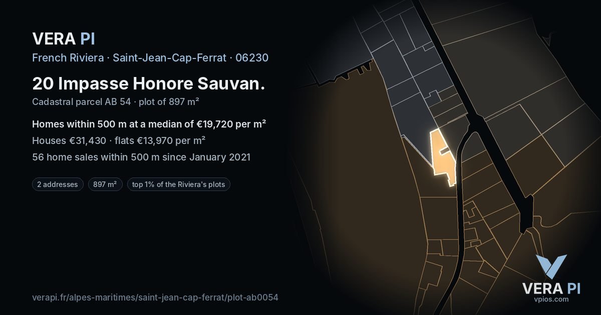 20 Impasse Honore Sauvan, Saint-Jean-Cap-Ferrat at night – the plot lit, the parcels around coloured by the prices near them