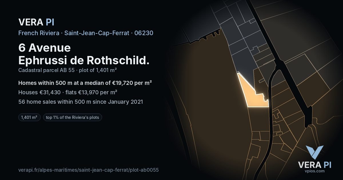 6 Avenue Ephrussi de Rothschild, Saint-Jean-Cap-Ferrat at night – the plot lit, the parcels around coloured by the prices near them