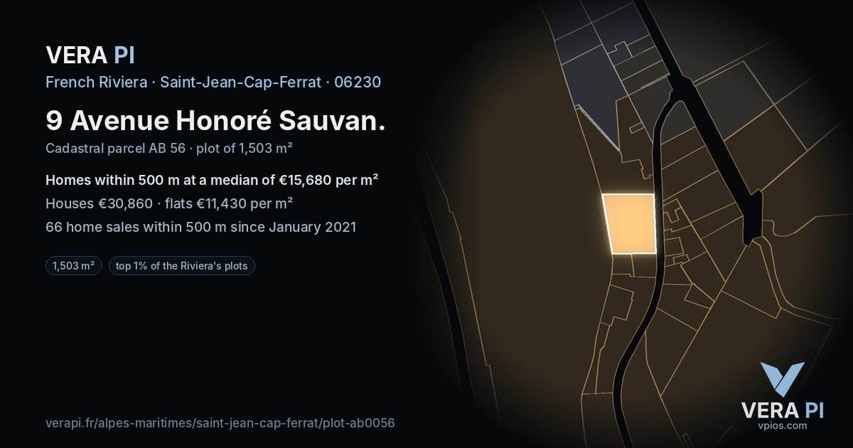9 Avenue Honoré Sauvan, Saint-Jean-Cap-Ferrat at night – the plot lit, the parcels around coloured by the prices near them