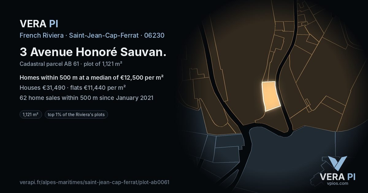 3 Avenue Honoré Sauvan, Saint-Jean-Cap-Ferrat at night – the plot lit, the parcels around coloured by the prices near them