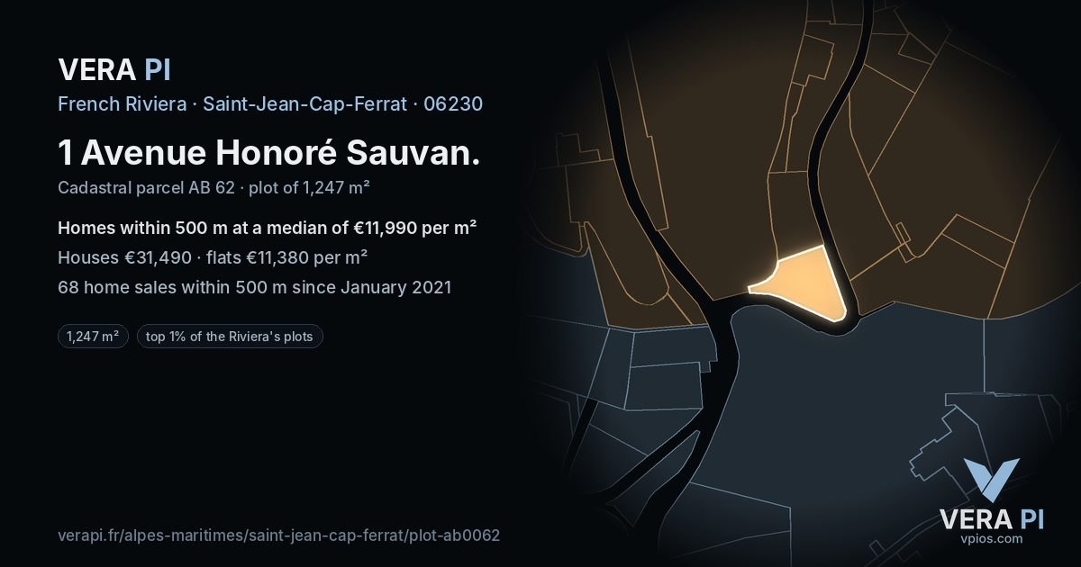 1 Avenue Honoré Sauvan, Saint-Jean-Cap-Ferrat at night – the plot lit, the parcels around coloured by the prices near them
