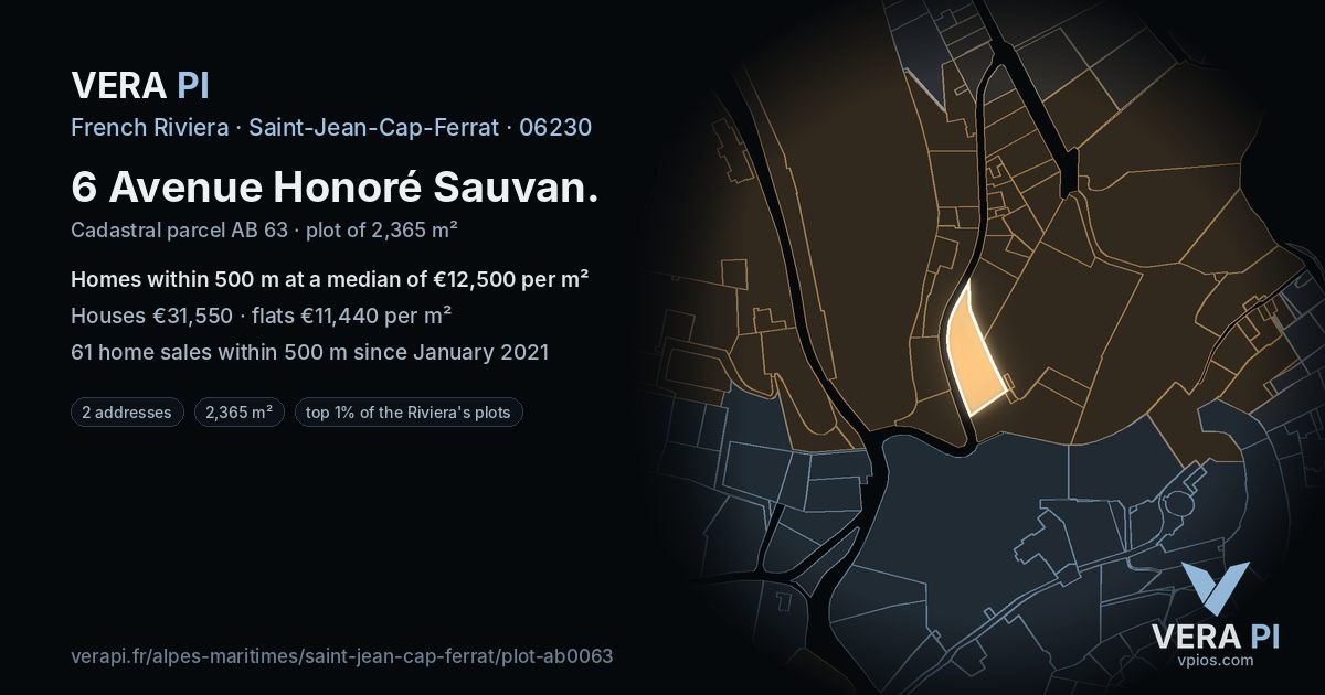 6 Avenue Honoré Sauvan, Saint-Jean-Cap-Ferrat at night – the plot lit, the parcels around coloured by the prices near them