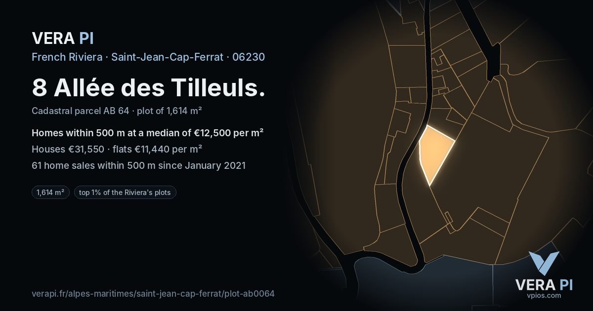 8 Allée des Tilleuls, Saint-Jean-Cap-Ferrat at night – the plot lit, the parcels around coloured by the prices near them