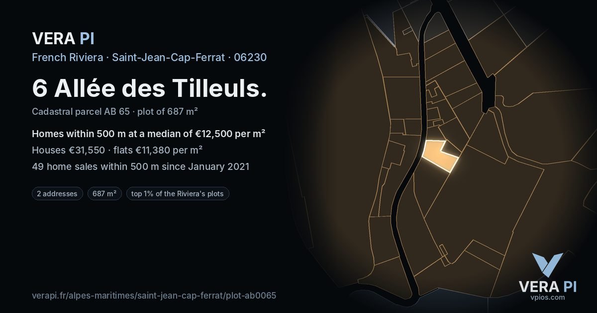 6 Allée des Tilleuls, Saint-Jean-Cap-Ferrat at night – the plot lit, the parcels around coloured by the prices near them