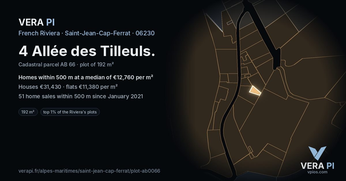 4 Allée des Tilleuls, Saint-Jean-Cap-Ferrat at night – the plot lit, the parcels around coloured by the prices near them