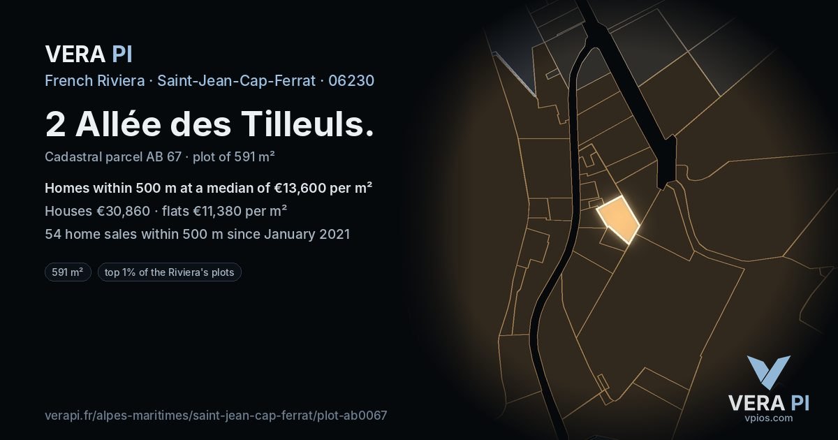 2 Allée des Tilleuls, Saint-Jean-Cap-Ferrat at night – the plot lit, the parcels around coloured by the prices near them