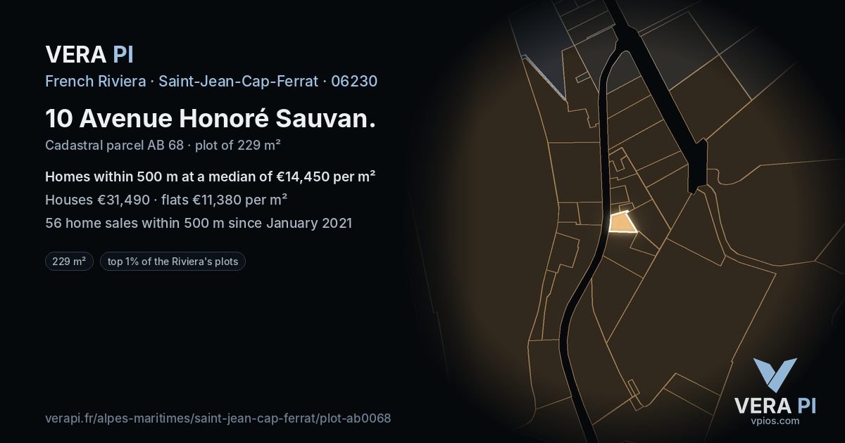 10 Avenue Honoré Sauvan, Saint-Jean-Cap-Ferrat at night – the plot lit, the parcels around coloured by the prices near them