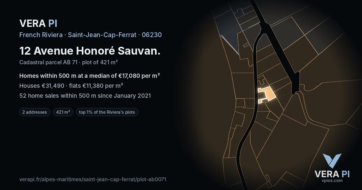 12 Avenue Honoré Sauvan, Saint-Jean-Cap-Ferrat at night – the plot lit, the parcels around coloured by the prices near them
