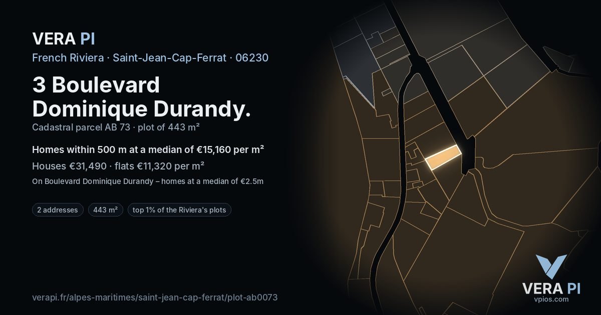 3 Boulevard Dominique Durandy, Saint-Jean-Cap-Ferrat at night – the plot lit, the parcels around coloured by the prices near them
