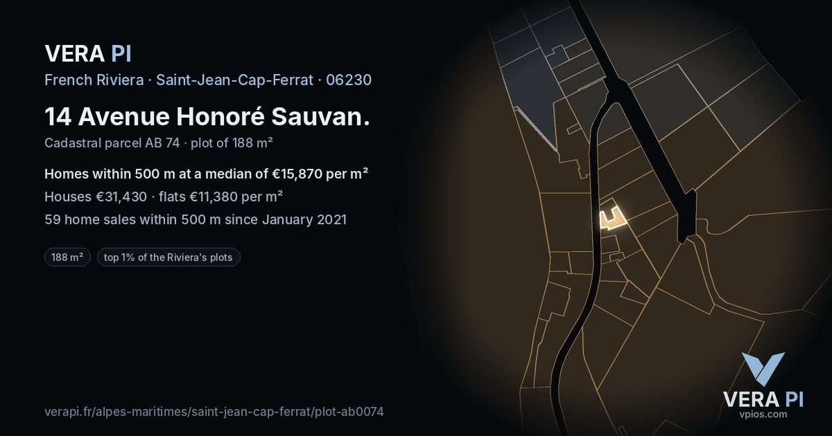 14 Avenue Honoré Sauvan, Saint-Jean-Cap-Ferrat at night – the plot lit, the parcels around coloured by the prices near them
