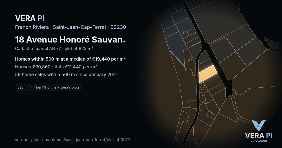 18 Avenue Honoré Sauvan, Saint-Jean-Cap-Ferrat at night – the plot lit, the parcels around coloured by the prices near them