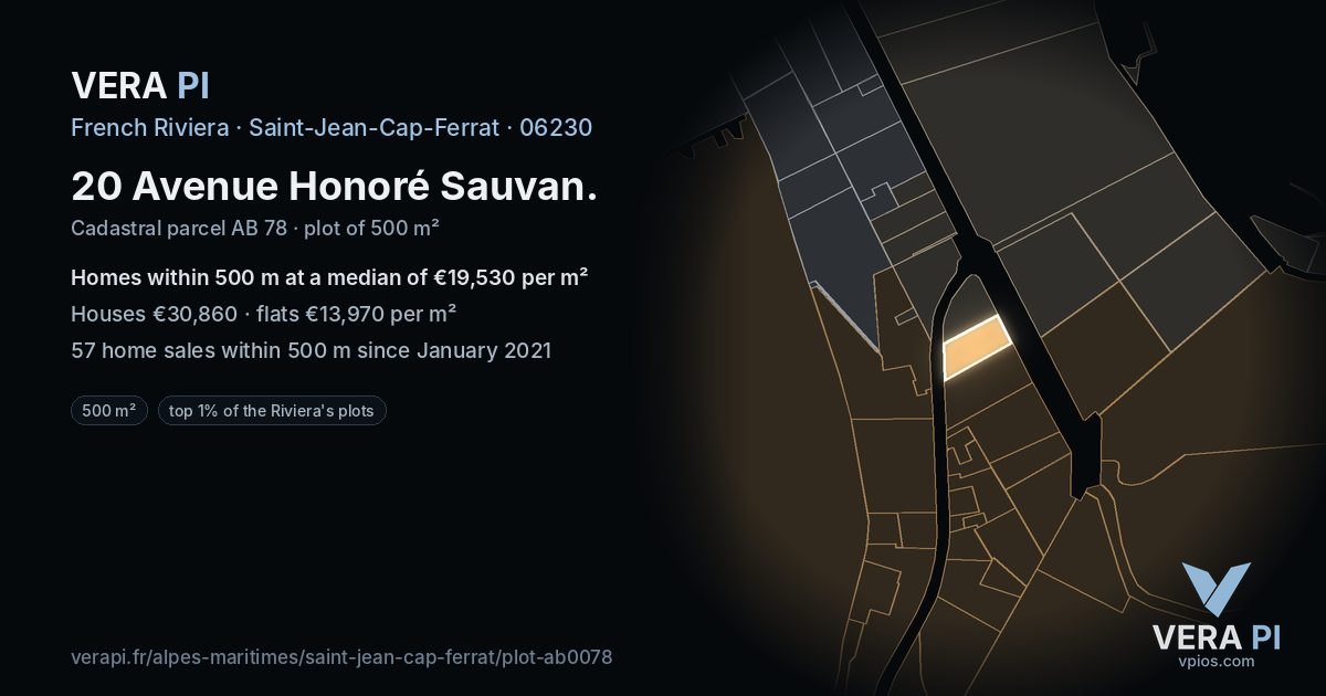 20 Avenue Honoré Sauvan, Saint-Jean-Cap-Ferrat at night – the plot lit, the parcels around coloured by the prices near them